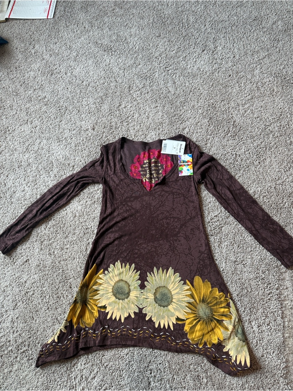 NWT Small Desigual Brown Sunflower Floral Asymmetrical Tunic Dress Boho Y2K
